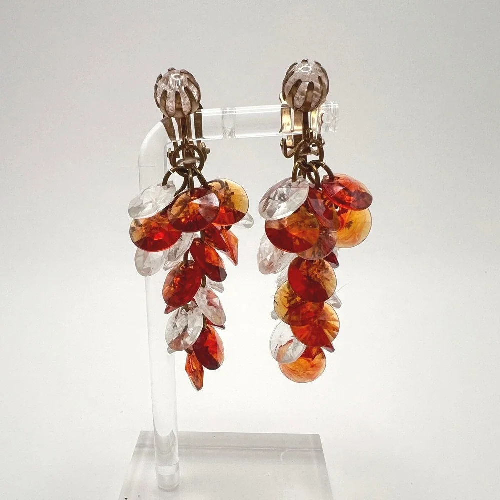 Vintage Lucite Cluster Clip On Earrings‎ Amber Orange Clear Faceted MCM Retro